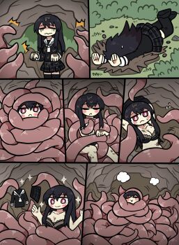 1girl black_bra black_hair bra cave comic consensual_tentacles highres original osya_ki school_uniform serafuku tentacles underwear
