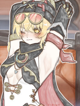1girl animal_ear_headwear armor arms_behind_head arms_up bandana_around_arm beanie black_hat blonde_hair blush breasts cape center_opening closed_mouth commentary_request detached_sleeves eyewear_on_head fake_animal_ears genshin_impact hair_between_eyes hat highres jahoda_(genshin_impact) jewelry leotard looking_at_viewer mechanical_arms medium_breasts one_eye_closed pendant prosthesis prosthetic_arm red-tinted_eyewear scarf single_mechanical_arm solo star-shaped_pupils star_(symbol) stretching sunglasses symbol-shaped_pupils tearing_up tinted_eyewear upper_body utugi_fa x_hat_ornament yellow_eyes