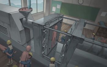 5girls analog_clock black_hair blue_serafuku blue_shirt blue_skirt bookshelf braid bulletin_board carrying chalkboard classroom clock faceless hard_hat helmet highres hydraulic_press indoors industrial_pipe long_sleeves low_twin_braids machinery multiple_girls original pleated_skirt sailor_collar school_uniform serafuku shirt skirt tensen_(dotted_line) twin_braids what white_sailor_collar window wooden_floor yellow_helmet