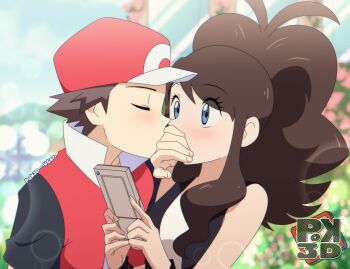 baseball_cap blue_eyes blush breasts brown_hair closed_eyes commission hand_on_another's_face hat hilda_(pokemon) indirect_kiss kiss kissing_hand nintendo outdoors pok3d pokedex pokemon pokemon_bw ponytail red_(pokemon) red_(pokemon_frlg) signature sunlight surprise_kiss surprised vest watermark