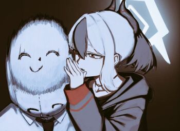 1boy 1girl a_(mitei7926) afterimage black_hoodie blue_archive choker collarbone collared_shirt commentary_request doodle_sensei_(blue_archive) halo hood hoodie horns kayoko_(blue_archive) long_sleeves multicolored_hair necktie nodding ponytail red_eyes sensei_(blue_archive) shirt short_hair sidelocks two-tone_hair upper_body whispering white_shirt