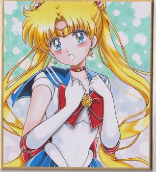 1girl back_bow bishoujo_senshi_sailor_moon blonde_hair blue_eyes blue_sailor_collar bow bowtie chikoto_(kztc4472) choker crescent crescent_earrings crying crying_with_eyes_open double_bun earrings elbow_gloves gloves hair_bun hair_ornament highres jewelry long_hair open_mouth photo_(medium) red_bow red_bowtie red_choker sailor_collar sailor_moon sailor_senshi_uniform skirt solo tears traditional_media transformation_brooch_(sailor_moon) tsukino_usagi twintails white_gloves