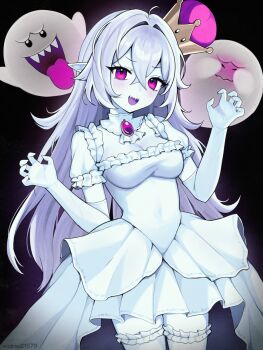 1girl :d boo_(mario) breasts claw_pose cleavage colored_skin commentary_request crossed_bangs dress elbow_gloves gloves high-low_dress highres long_hair looking_at_viewer mario_(series) medium_breasts nintendo open_mouth original pink_eyes pointy_ears princess_king_boo sharp_teeth short_dress smile super_crown teeth very_long_hair vickie_(cryingrobot) white_dress white_gloves white_skin