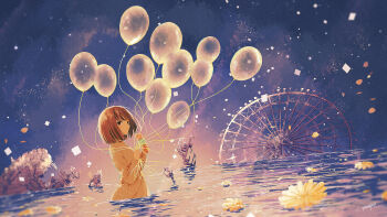 1girl abandoned absurdres amusement_park artist_name balloon brown_hair carousel closed_mouth commentary commentary_request confetti dot_mouth english_commentary expressionless ferris_wheel flood flower from_side highres holding holding_balloon holding_ice_cream_cone horizon ice_cream_cone long_sleeves looking_at_viewer looking_to_the_side medium_hair mixed-language_commentary multiple_monochrome orange_shirt orange_theme original outdoors partially_submerged purple_theme ruins shirt sideways_glance sky solo stairs swimming water yanagima_yu03 yellow_flower