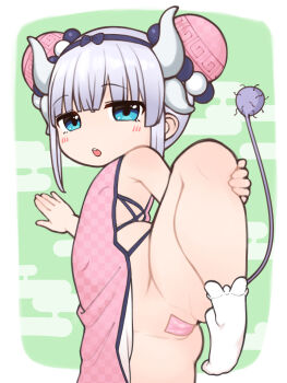 1girl absurdres bare_shoulders black_bow black_hairband blue_eyes blush bow bow_hairband bun_cover cameltoe china_dress chinese_clothes chinese_zodiac double_bun dragon_girl dragon_horns dragon_tail dress female_focus groin hair_bobbles hair_bow hair_bun hair_ornament hairband hand_on_own_knee happy_new_year highres horns kanna_kamui kobayashi-san_chi_no_maidragon leg_up loli looking_at_viewer maebari new_year no_panties open_mouth pink_dress purple_hair short_hair side_slit sleeveless sleeveless_dress socks solo standing standing_on_one_leg suzumiya_ran tail thighs white_horns white_socks year_of_the_dragon