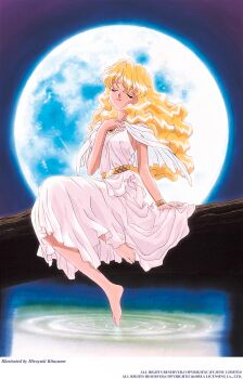 Rule 34 | 1990s (style), 1girl, artist name, barefoot, belt, blonde hair, bracelet, closed eyes, copyright notice, dress, eberouge, full body, gold belt, gold bracelet, hand on own chest, highres, jewelry, kitazume hiroyuki, long hair, night, non-web source, official art, outdoors, retro artstyle, ripples, sitting, sitting on branch, solo, water, white dress