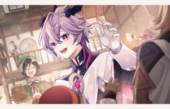 Rule 34 | 4boys, 5girls, albedo (genshin impact), amber (genshin impact), beer mug, beret, black hair, black horns, black shirt, blonde hair, braid, closed eyes, commentary request, con potata, cup, diluc (genshin impact), eula (genshin impact), flower, genshin impact, gloves, green hat, hair flower, hair ornament, hat, holding, holding cup, horns, indoors, kaeya (genshin impact), klee (genshin impact), long sleeves, medium hair, mini durin (genshin impact), mini durin (human) (genshin impact), mug, multiple boys, multiple girls, open mouth, purple hair, purple hat, red hat, shirt, side braids, smile, solo focus, twin braids, upper body, venti (genshin impact), white flower, white gloves, witch hat