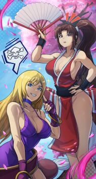 2girls alex_dos_diaz b._jenet belt ben-day_dots blonde_hair blue_eyes blue_sky bracelet breasts brown_hair cherry_blossoms choker cleavage cloud cloudy_sky collarbone dress falling_petals fatal_fury fatal_fury:_city_of_the_wolves fingerless_gloves garou:_mark_of_the_wolves gloves gold_bracelet grin hand_fan highres holding holding_fan image_in_speech_bubble jewelry large_breasts long_hair motoyui multiple_girls petals ponytail purple_dress red_eyes revealing_clothes screentones shiranui_mai shout_lines sideboob skull_and_crossbones sky smile snk sparkle teeth the_king_of_fighters thighs