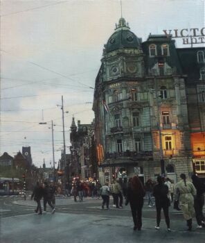 apartment building clock clock_tower commentary_request day highres naohiro_ito original overhead_line painting_(medium) people power_lines realistic scenery streetcar tower town traditional_media utility_pole