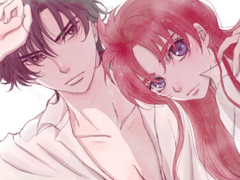 1boy 1girl black_eyes black_hair blue_eyes choujuu_kishin_dancouga collarbone dancouga_(series) frown fujiwara_shinobu hair_behind_ear hand_on_another&#039;s_shoulder long_hair looking_at_viewer pectoral_cleavage pectorals red_hair shirt white_background white_shirt yuki_sara yumirin
