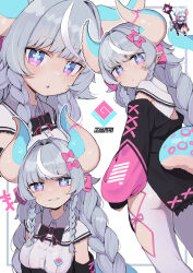 Rule 34 | 1girl, black bow, black bowtie, black jacket, blue horns, blue pupils, blue tail, blush, border, bow, bowtie, braid, braided sidelock, breasts, chibi, chibi inset, closed mouth, collared shirt, commentary request, dress shirt, frilled shirt, frills, grey border, grey hair, hair bow, hair intakes, horn ornament, horn ribbon, horns, jacket, leggings, looking at viewer, looking back, medium breasts, multicolored clothes, multicolored hair, multicolored horns, multicolored jacket, multicolored tail, multiple views, off-shoulder jacket, off shoulder, original, outside border, parted lips, pink bow, pink eyes, pink horns, pink jacket, pink tail, pixel art inset, purple eyes, ribbon, saebashi, shirt, simple background, sleeveless, sleeveless shirt, smile, streaked hair, symbol-shaped pupils, tail, teeth, turning head, twin braids, two-tone hair, white background, white hair, white leggings