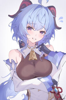 Rule 34 | 1girl, absurdres, ahoge, arm under breasts, bare shoulders, bell, black gloves, blue hair, blush, bodystocking, breasts, commentary request, cowbell, detached sleeves, flying sweatdrops, ganyu (genshin impact), genshin impact, gloves, goat horns, highres, horns, long hair, looking at viewer, medium breasts, neck bell, pisuke (user kcmh2774), purple eyes, red robe, robe, smile, solo, teeth, upper body, white sleeves