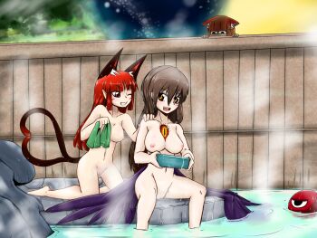 3girls animal_ears artist_self-insert bathhouse bathing black_hair bloodycat blush breasts brown_eyes cat_ears cat_tail grin heart heart_tail highres holding kaenbyou_rin kneeling komeiji_satori long_hair multiple_girls multiple_tails nipples nude one_eye_closed onsen open_mouth original peeking pussy red_eyes reiuji_utsuho sitting smile steam tail third_eye touhou towel uncensored wall washing washpan wet wings wink