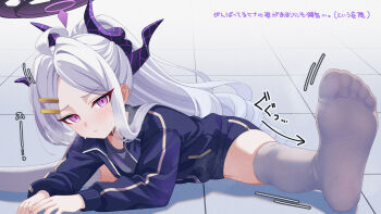 1girl blue_archive closed_mouth commentary_request halo highres hina_(blue_archive) karaage_(xxxmido02) long_hair looking_at_viewer purple_eyes purple_halo shy simple_background solo split sweat thighhighs white_hair