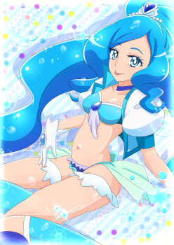 1girl absurdres bikini blue_bikini blue_boots blue_hair boots breasts cleavage cure_fontaine earrings gloves hair_ornament healin'_good_precure heart heart_hair_ornament highres jewelry knee_boots long_hair looking_at_viewer magical_girl medium_breasts navel non-web_source ponytail precure pururun_z sawaizumi_chiyu source_request swimsuit very_long_hair white_gloves