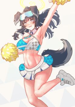 1girl animal_ears arm_up black_hair blue_archive breasts cheerleader cipher4109 commentary dog_ears dog_girl dog_tail english_commentary full_body goggles goggles_on_head halo hibiki_(blue_archive) hibiki_(cheer_squad)_(blue_archive) highres holding holding_pom_poms long_hair looking_at_viewer millennium_cheerleader_outfit_(blue_archive) navel official_alternate_costume open_mouth pom_pom_(cheerleading) pom_poms shoes simple_background skirt solo sweat sweatdrop tail white_background white_shoes yellow_halo