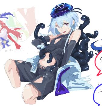 1boy arknights black_shorts blue_hair blue_hat clothing_cutout commentary_request diamond_cutout gloves hat male_focus mizuki_(arknights) navel open_mouth paint_chat_(medium) pink_eyes puffy_male_chest sakikov shorts simple_background solo tentacles white_background