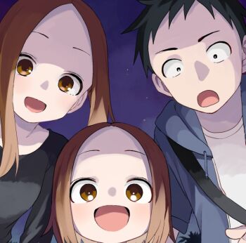 Rule 34 | 1boy, 2girls, :d, black hair, black shirt, blue jacket, brown eyes, brown hair, commentary request, drawstring, father and daughter, forehead, hood, hood down, hooded jacket, jacket, karakai jouzu no (moto) takagi-san, karakai jouzu no takagi-san, long hair, mother and daughter, multiple girls, night, nishikata, nishikata chii, open clothes, open jacket, open mouth, outdoors, parted bangs, shirt, short sleeves, sky, smile, takagi-san, white shirt, yamamoto souichirou