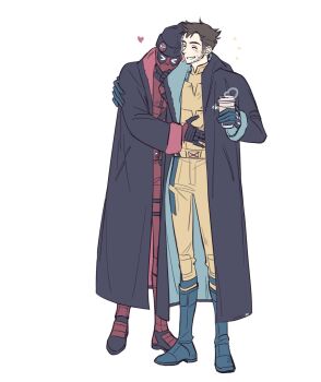 &gt;_&lt; 2boys animification black_choker black_coat black_gloves black_hat blue_boots blue_coat blue_gloves bodysuit boots brown_hair choker closed_eyes coat commentary_request cup deadpool deadpool_&amp;_wolverine deadpool_(series) disposable_coffee_cup disposable_cup facial_hair full_body gloves hand_on_own_chin hat heart holding holding_cup hood hooded_coat hug korean_commentary long_sleeves male_focus marvel marvel multiple_boys open_clothes open_coat red_bodysuit red_coat short_hair simple_background skdlfjgrp smile standing superhero_costume teeth two-sided_coat two-sided_fabric white_background wolverine_(x-men) yaoi yellow_bodysuit