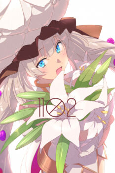 1girl blue_eyes blush dress echo_(circa) fate/grand_order fate_(series) flower gloves hat large_hat long_hair looking_at_viewer marie_antoinette_(fate) marie_antoinette_(third_ascension)_(fate) open_mouth sidelocks sleeveless sleeveless_dress smile solo twintails very_long_hair white_dress white_gloves white_hair white_hat