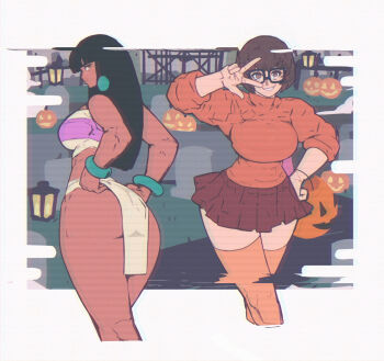 Rule 34 | 2girls, alternate skin color, ass, ass focus, aztec, black-framed eyewear, black hair, border, breasts, brown eyes, brown hair, chel (el dorado), clothes lift, commentary, dark-skinned female, dark skin, english commentary, freckles, glasses, halloween, hand on own hip, highres, jewelry, light smile, lightened skin, loincloth, looking at viewer, looking back, mayan clothes, michel teru, multiple girls, orange socks, orange sweater, orange thighhighs, outdoors, pink tube top, pleated skirt, pumpkin, scooby-doo (series), simple background, skirt, socks, strapless, sweater, sweater lift, the road to el dorado, thighhighs, tube top, turtleneck, turtleneck sweater, two-tone tube top, upper body, velma dinkley, white border, white loincloth