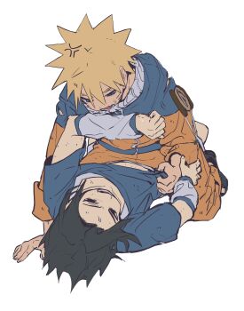 2boys absurdres anger_vein black_hair blonde_hair blue_shirt cf_nrt detached_sleeves dirty dirty_clothes dirty_face facial_mark fighting furrowed_brow hair_between_eyes highres jacket jumpsuit long_sleeves male_focus midriff_peek multiple_boys naruto_(series) open-toe_shoes open_mouth orange_jacket orange_jumpsuit orange_pants pants parted_bangs shirt shoes short_hair short_sleeves spiked_hair sweatdrop uchiha_sasuke uzumaki_naruto whisker_markings white_background white_shoes white_sleeves