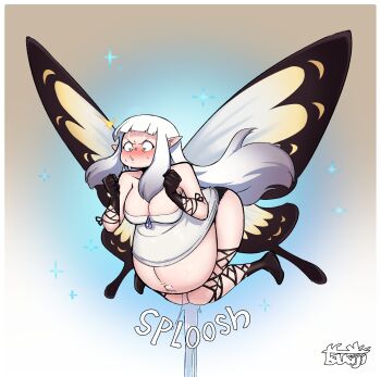 1girl airy_(bravely_default) artist_logo artist_name belly big_belly blush bravely_default_(series) breasts commentary english_commentary english_text giving_birth highres logo long_hair navel open_mouth outie_navel pointy_ears pregnant pushing solo tsukijitums very_long_hair water water_drop white_hair