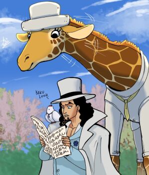 +++ 2boys alternate_form animal animal_on_shoulder bird bird_on_shoulder black_hair commentary dragonasis english_commentary english_text facial_hair giraffe goatee hat hattori_(one_piece) holding kaku_(one_piece) long_hair multiple_boys necktie one_piece outdoors rob_lucci signature white_hat