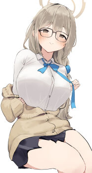 1girl absurdres akane_(blue_archive) akane_(school_uniform)_(blue_archive) blue_archive blue_bow blush bow bowtie breasts brown_cardigan brown_eyes brown_hair brown_halo cardigan commentary_request glasses hair_between_eyes halo highres large_breasts long_hair looking_at_viewer morishin546 official_alternate_costume pleated_skirt school_uniform scrunchie shirt skirt smile white_shirt