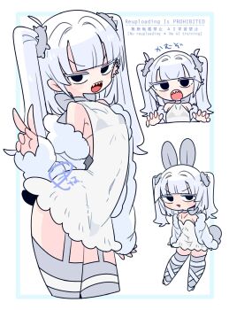 1boy :3 :o animal_ears arched_back armpit_crease bare_shoulders black_bra black_eyes blunt_bangs bow bra bra_strap bulge claw_pose collarbone commentary covered_navel cowboy_shot crossdressing crossdressing_(mtf) dress ear_piercing eve_(op_na_yarou) fangs full_body fur-trimmed_jacket fur_trim garter_straps grey_bow grey_tail grey_thighhighs hair_intakes hair_tie hand_up hands_up highres jacket jitome legs_apart long_sleeves male_focus medium_hair microdress multicolored_thighhighs multiple_views no_nose notched_ear off_shoulder op_na_yarou open_clothes open_jacket open_mouth original panties piercing rabbit_boy rabbit_ears rabbit_tail see-through_clothes see-through_dress sidelocks simple_background sleeveless sleeveless_dress sleeves_past_wrists standing tail teeth thighhighs thighs trap two-tone_thighhighs two_side_up underwear upper_body v v-shaped_eyebrows watermark white_background white_dress white_hair white_jacket white_thighhighs
