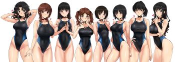 6+girls absurdres alternate_breast_size_(larger) amagami arm_under_breasts armpits arms_up ayatsuji_tsukasa black_bow black_choker black_hair black_hairband black_one-piece_swimsuit blue_eyes blue_one-piece_swimsuit blush bow breasts brown_eyes brown_hair choker commentary competition_swimsuit contrapposto covered_navel cowboy_shot curly_hair everyone gluteal_fold grey_eyes grin hair_bow hairband hand_on_own_cheek hand_on_own_chest hand_on_own_face hand_on_own_hip hand_up hands_in_own_hair hashtag-only_commentary heart highres huge_breasts index_finger_raised large_breasts lineup long_hair looking_at_viewer medium_breasts medium_hair morishima_haruka multiple_girls multiple_hair_bows nakata_sae nanasaki_ai one-piece_swimsuit parted_bangs ponytail sakurai_rihoko short_hair sidelocks simple_background small_breasts smile swimsuit symbol-only_commentary tachibana_miya tanamachi_kaoru tsukahara_hibiki twintails two-tone_one-piece_swimsuit white_background yoo_tenchi