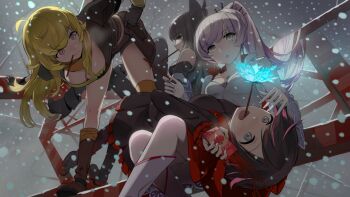 4girls :d ahoge bent_over black_hair blake_belladonna blonde_hair boots breasts cleavage closed_mouth commentary_request crescent_rose end_card food grey_eyes hand_on_own_hip holding holding_food jewelry large_breasts long_hair looking_at_another looking_at_viewer lying_on_person medium_breasts mouth_hold multiple_girls official_art okama on_lap open_mouth parted_lips pendant ponytail red_hair red_pupils ruby_rose rwby rwby_ice_queendom second-party_source short_hair sitting small_breasts smile snack snowing standing tiara weiss_schnee white_hair yang_xiao_long