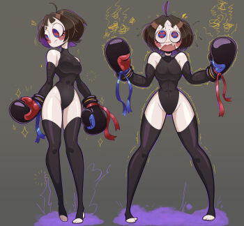 1girl 2024 abs ahoge alternate_costume arms_up black_dress black_gloves black_hair black_leotard black_thighhighs blue_eyes blue_ribbon blush blush_stickers bob_cut bow bow_choker boxing_gloves breasts brown_hair choker colored_skin commentary covered_navel dress english_commentary fang feet gloves groin half-closed_eyes heattech_leotard highleg highleg_leotard highres joepopls legs_apart leotard medium_breasts multicolored_eyes multiple_views nervous_sweating open_mouth parted_bangs pomni_(the_amazing_digital_circus) red_eyes red_ribbon ribbon shadow short_hair simple_background skindentation stirrup_legwear sweat the_amazing_digital_circus thigh_gap thighhighs thighs toeless_legwear toes trembling_legs two-tone_eyes v-shaped_eyebrows white_skin