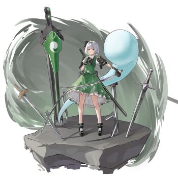 Rule 34 | 1girl, absurdres, armor, black bow, black bowtie, black hairband, black ribbon, black shoes, bow, bowtie, broken, broken sword, broken weapon, buttons, chinese commentary, closed mouth, collared shirt, commentary request, dual wielding, frilled skirt, frills, full body, glint, green eyes, green skirt, green vest, grey hair, hair ribbon, hairband, highres, hitodama print, holding, holding sword, holding weapon, katana, konpaku youmu, konpaku youmu (ghost), looking at viewer, making-of available, multiple swords, multiple weapons, planted, planted sword, planted weapon, puffy short sleeves, puffy sleeves, ribbon, science fiction, shirt, shoes, short hair, short sleeves, shoulder armor, skirt, solo, standing, sword, touhou, valkyrie of phantasm, vambraces, vest, weapon, white shirt, xiaoxijino