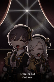 2girls :d ^_^ backlighting black_bow black_bowtie black_hair black_hat black_jacket black_necktie bow bowtie center_frills ceras_yanagida_lilienfeld closed_eyes collared_shirt colored_eyelashes commentary_request dark dress_shirt edel_note facing_viewer frills grey_hair group_name hair_ribbon hat jacket jellyfish_cut katsuragi_izumi kiruzzy layered_necktie link!_like!_love_live! long_hair love_live! multiple_girls necktie open_clothes open_jacket open_mouth ribbon shirt smile song_name theater_ikizama three-quarter_sleeves virtual_youtuber wavy_hair white_shirt yellow_bow yellow_bowtie yellow_necktie yellow_ribbon