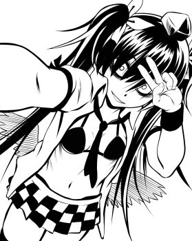 1girl absurdres ayana_mizuki bags_under_eyes bow bra breasts checkered_clothes checkered_skirt collared_shirt commentary_request cowboy_shot dutch_angle feathered_wings greyscale hair_bow hat highres himekaidou_hatate long_hair looking_at_viewer low_wings monochrome navel necktie open_clothes open_mouth open_shirt selfie shirt short_sleeves simple_background skirt small_breasts smile solo tokin_hat touhou twintails underwear v wings