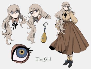 1girl arm_behind_back blue_eyes bow brown_hair collared_shirt commentary earrings english_commentary english_text footwear_bow full_body high-waist_skirt highres jewelry kuropin loafers long_hair long_skirt long_sleeves looking_to_the_side multiple_views neck_ribbon original pleated_skirt reference_sheet ribbon shirt shirt_tucked_in shoes skirt skirt_hold socks very_long_hair