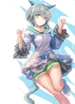 1girl animal_ears blue_eyes blush breasts choker closed_mouth collarbone commentary_request dress ear_covers flower green_sailor_collar green_short green_shorts grey_hair hair_between_eyes hair_flower hair_ornament hairclip horse_ears horse_girl horse_tail looking_at_viewer sailor_collar seiun_sky_(reeling_in_the_big_one)_(umamusume) seiun_sky_(umamusume) shoes short_hair shorts single_ear_cover small_breasts solo sunflower sunflower_hair_ornament tail umamusume white_dress yanagi_wakana yellow_choker