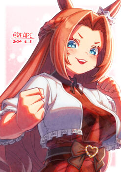 1girl animal_ears belt black_bow blue_eyes blush bow braid breasts brown_hair commentary_request creape cropped_jacket curtained_hair dress heart highres horse_ears horse_girl jacket kawakami_princess_(casual)_(umamusume) kawakami_princess_(umamusume) long_hair looking_at_viewer medium_breasts open_clothes open_jacket open_mouth plaid_clothes plaid_dress red_dress short_sleeves smile solo umamusume upper_body white_jacket