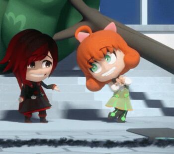 2girls animated animated_gif black_hair chibi dragging green_eyes grey_eyes multicolored_hair multiple_girls orange_hair penny_polendina red_hair ruby_rose rwby rwby_chibi skirt surprised tree two-tone_hair