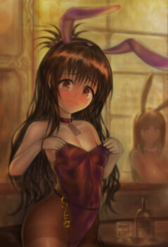 2girls adjusting_clothes animal_collar animal_ears bare_shoulders black_pantyhose blush bottle breasts brown_eyes brown_hair closed_mouth collar collarbone covered_navel cowboy_shot embarrassed english_text fake_animal_ears female_focus fishnet_pantyhose fishnets hands_up highleg highleg_leotard indoors leotard long_hair looking_at_viewer matching_hair/eyes mayhem_art multiple_girls pantyhose petite playboy_bunny purple_collar purple_leotard rabbit_ears reflection scared slave small_breasts solo_focus standing strapless strapless_leotard tag to_love-ru wavy_mouth yuuki_mikan