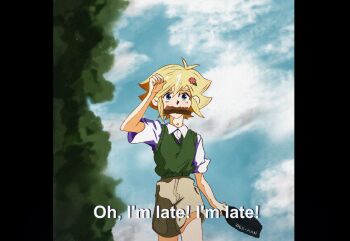 1boy absurdres antenna_hair arm_up artist_name bag basil_(faraway)_(omori) basil_(omori) black_bag blonde_hair blue_eyes blue_sky bread bread_slice brown_shorts collared_shirt commentary den_man double-parted_bangs english_text food food_in_mouth green_sweater_vest hair_between_eyes highres holding holding_bag male_focus mouth_hold neon_genesis_evangelion omori outdoors scene_reference shirt short_hair short_sleeves shorts sidelocks sky solo sweater_vest toast toast_in_mouth white_shirt