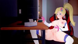 1girl 3d :3 animated asymmetrical_bangs blonde_hair blue_eyes blush breasts chair cleft_of_venus computer_mouse desk detached_sleeves female_masturbation gaming_chair hair_ornament heart heart_hair_ornament indoors iridiusk koikatsu_(medium) large_breasts long_hair long_sleeves masturbation minerva_(re:zero) monitor nipples nude pussy re:zero_kara_hajimeru_isekai_seikatsu side_ponytail solo spread_legs swivel_chair thighhighs tissue tissue_box video white_thighhighs