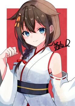1girl absurdres blue_eyes braid brown_hair commentary_request cosplay detached_sleeves fusou_(kancolle) fusou_(kancolle)_(cosplay) hair_flaps hair_over_shoulder highres ichigomaru_d japanese_clothes kantai_collection kimono shigure_(kancolle) shigure_kai_san_(kancolle) signature single_braid sleeveless sleeveless_kimono solo white_kimono wide_sleeves