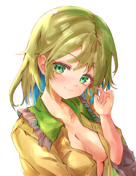 1girl absurdres breasts closed_mouth collarbone commentary frilled_shirt_collar frilled_sleeves frills green_eyes green_hair highres ikazuchi_akira komeiji_koishi long_sleeves no_headwear open_clothes open_shirt shirt simple_background smile solo touhou white_background wide_sleeves yellow_shirt