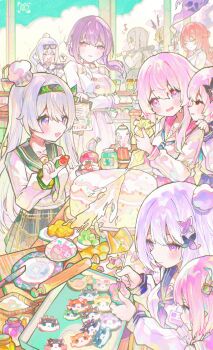Rule 34 | 1boy, 6+girls, absurdres, baking, baseball bat, blue eyes, breasts, cake, castorice (honkai: star rail), chinese commentary, commentary request, cyrene (honkai: star rail), cyrene (philia093) (honkai: star rail), dress, dual persona, evernight (honkai: star rail), firefly (honkai: star rail), food, fruit, green hairband, green skirt, grey hair, hair ornament, hairband, handheld game console, highres, himeko (honkai: star rail), holding, holding handheld game console, holding pastry bag, honkai: star rail, honkai (series), jar, kafka (honkai: star rail), large breasts, long hair, march 7th (honkai: star rail), multicolored eyes, multiple girls, orange eyes, pastry bag, pink hair, playing games, purple eyes, purple hair, red hair, school uniform, serafuku, silver wolf (honkai: star rail), skirt, skott (honkai: star rail), smile, stelle (honkai: star rail), strawberry, trailblazer (honkai: star rail), two-tone eyes, very long hair, white dress, white serafuku, xianyuzi, yellow eyes
