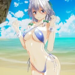 1girl 3d animated bare_shoulders beach bikini blue_eyes braid breasts cloud grey_hair izayoi_sakuya jiggle large_breasts medium_breasts mofumoko5 navel outdoors sand short_hair sky solo standing swimsuit thighs touhou video
