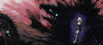 1girl absurdres armor black_gloves black_skirt blonde_hair chromatic_aberration commentary creature english_commentary gloves highres logicsterrr original outstretched_arm shadow_slave skirt smoke solo starry_sky_print walking