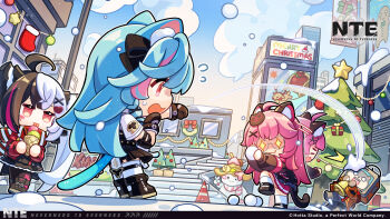 chibi christmas christmas_stocking christmas_tree christmas_wreath highres holding holding_snowball lacrimosa_(nte) merry_christmas mint_(nte) nanally_(nte) neverness_to_everness official_art snow snowball snowball_fight snowflakes snowing taygedo_(nte) wreath