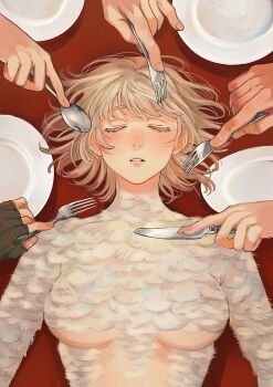 1girl alt_text blonde_hair breasts brown_gloves closed_eyes colored_eyelashes dungeon_meshi eyelashes falin_touden falin_touden_(chimera) feathers fingerless_gloves fingernails fork gloves hair_spread_out highres holding holding_fork holding_knife holding_spoon knife long_fingernails lying on_back parted_lips plate sasakura34 short_hair solo_focus spoon table_knife underboob upper_body white_feathers